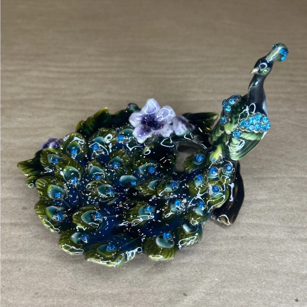 🦚 Jeweled Peacock Trinket Dish | Enamel Rhinestone Jewelry Holder | Floral